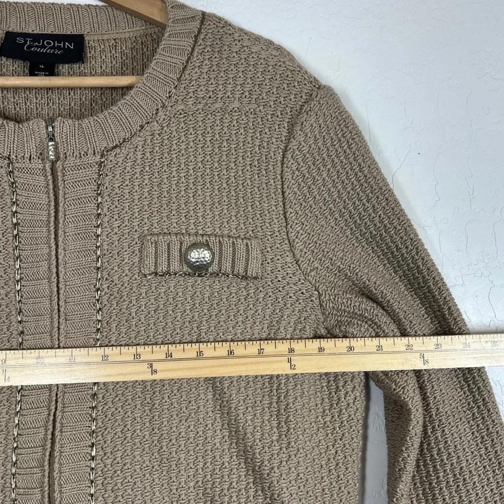 St John Couture Tan Knit Zip Jacket Metallic Trim Silver Buttons Size 16 USA